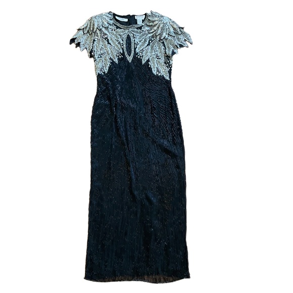 Vintage I Mag Black Tie Black Beaded Heavily Embellished Silk Gown Dress 8 - Picture 1 of 10
